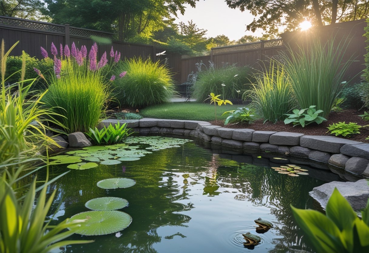 Backyard pond surrounded by plants with dragonflies, a frog on a rock, and a bird near the water.