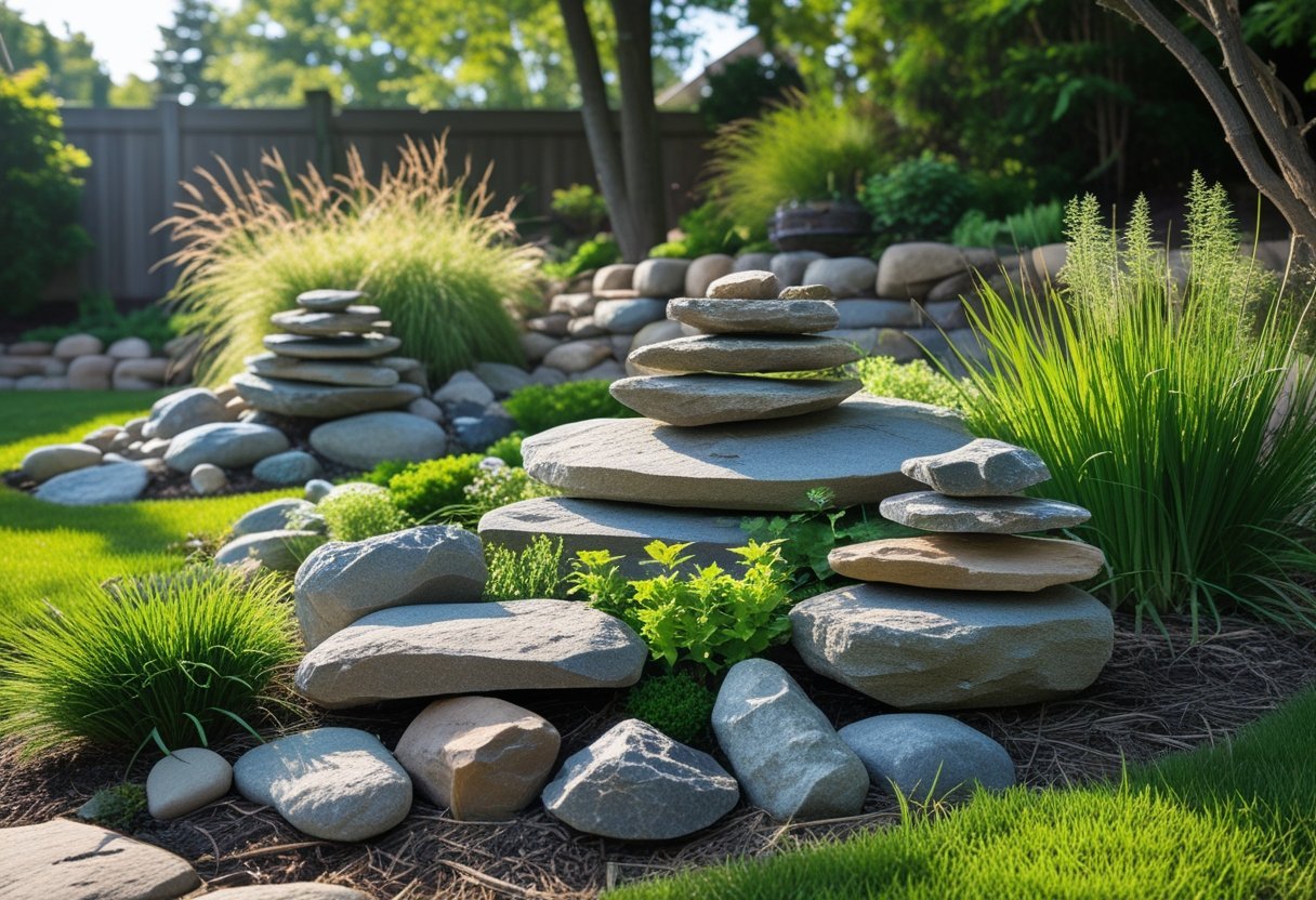 A backyard with several stacked rock piles surrounded by green plants and wildflowers, creating a natural habitat for wildlife.