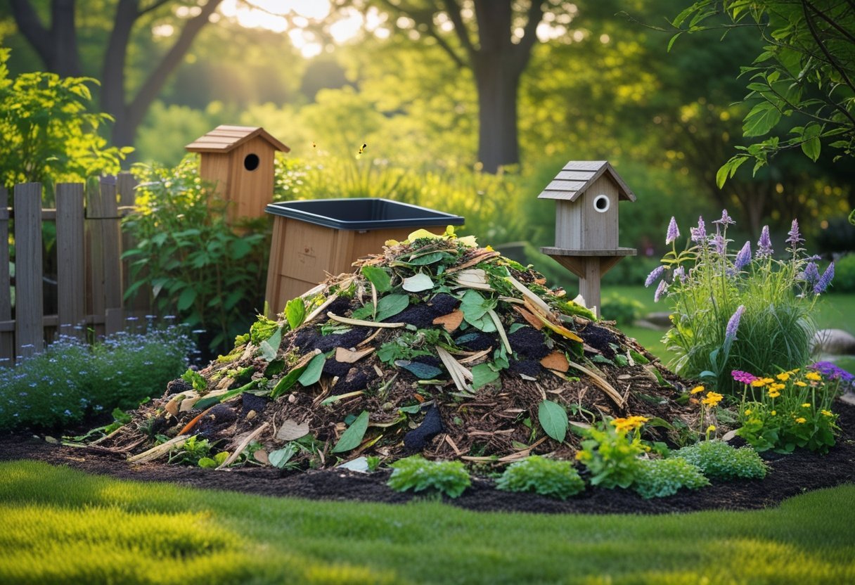 A backyard compost pile surrounded by native plants and wildflowers with birds and butterflies nearby.