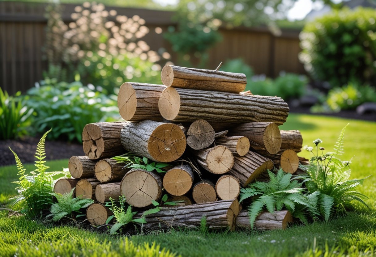 A backyard log pile surrounded by green grass, wildflowers, and plants creating a natural wildlife habitat.