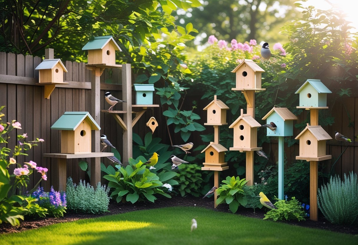 A backyard with multiple birdhouses among plants and flowers, with small birds perched nearby.