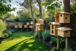 A backyard scene showing multiple wooden nesting boxes mounted on trees and posts surrounded by green plants and trees.