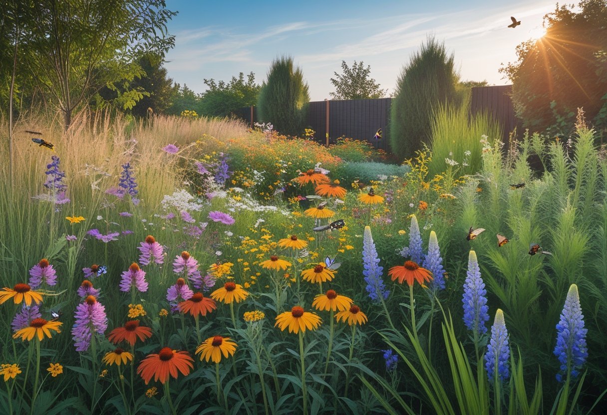 A colorful backyard wildflower meadow with blooming flowers, bees, butterflies, and native plants providing habitat for wildlife.