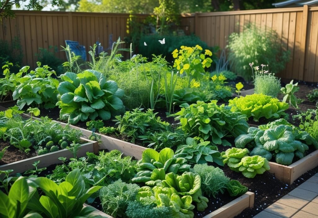 A backyard vegetable garden with native plants, birds, and butterflies creating a wildlife-friendly habitat.