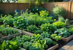 A backyard vegetable garden with native plants, birds, and butterflies creating a wildlife-friendly habitat.