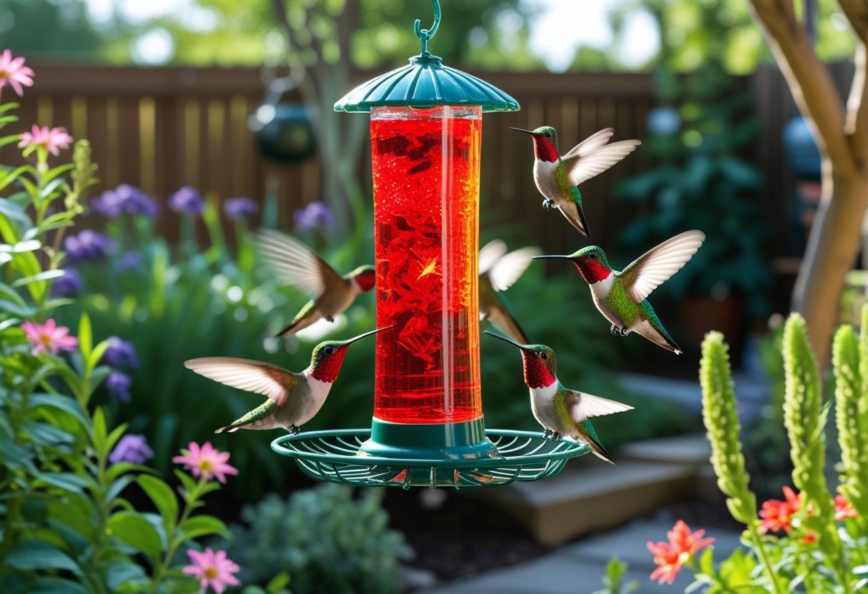 A hummingbird feeder in a backyard garden with several hummingbirds flying around and native plants in the background.