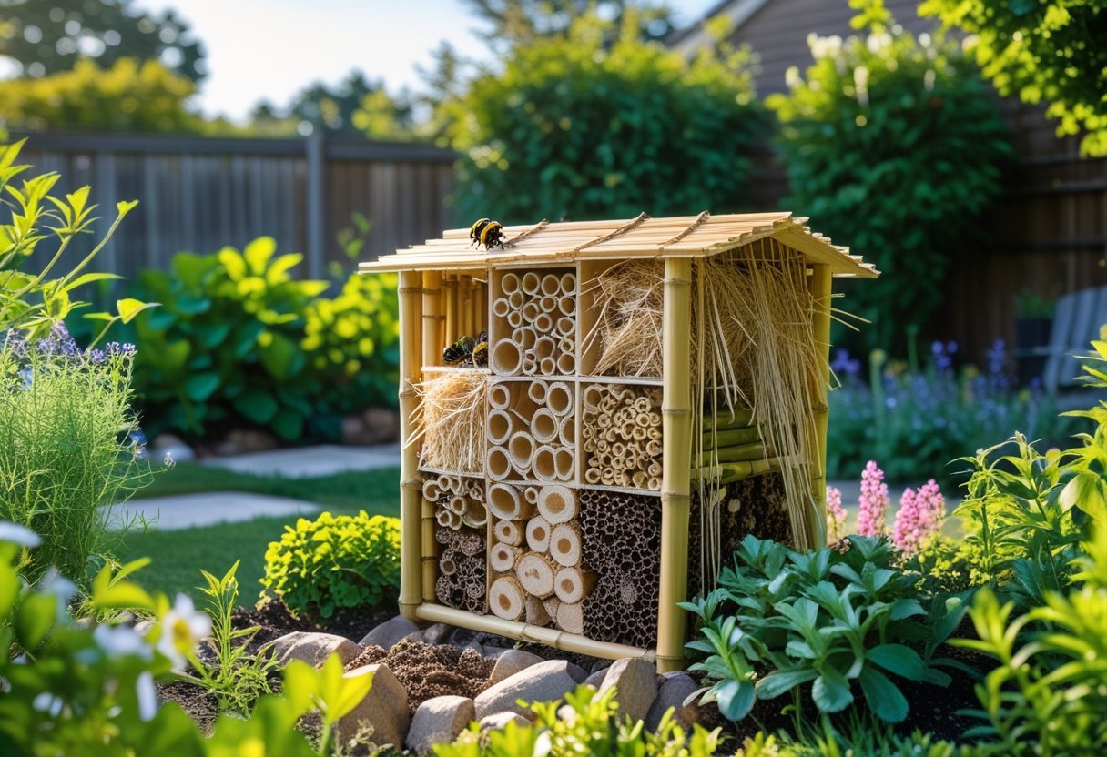 An insect hotel made of wood and natural materials in a backyard garden surrounded by plants and flowers.