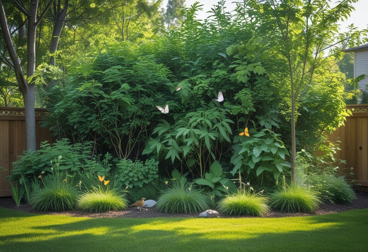 A backyard with a dense cluster of trees and shrubs forming a natural habitat with birds, butterflies, and small animals among green plants and wildflowers.