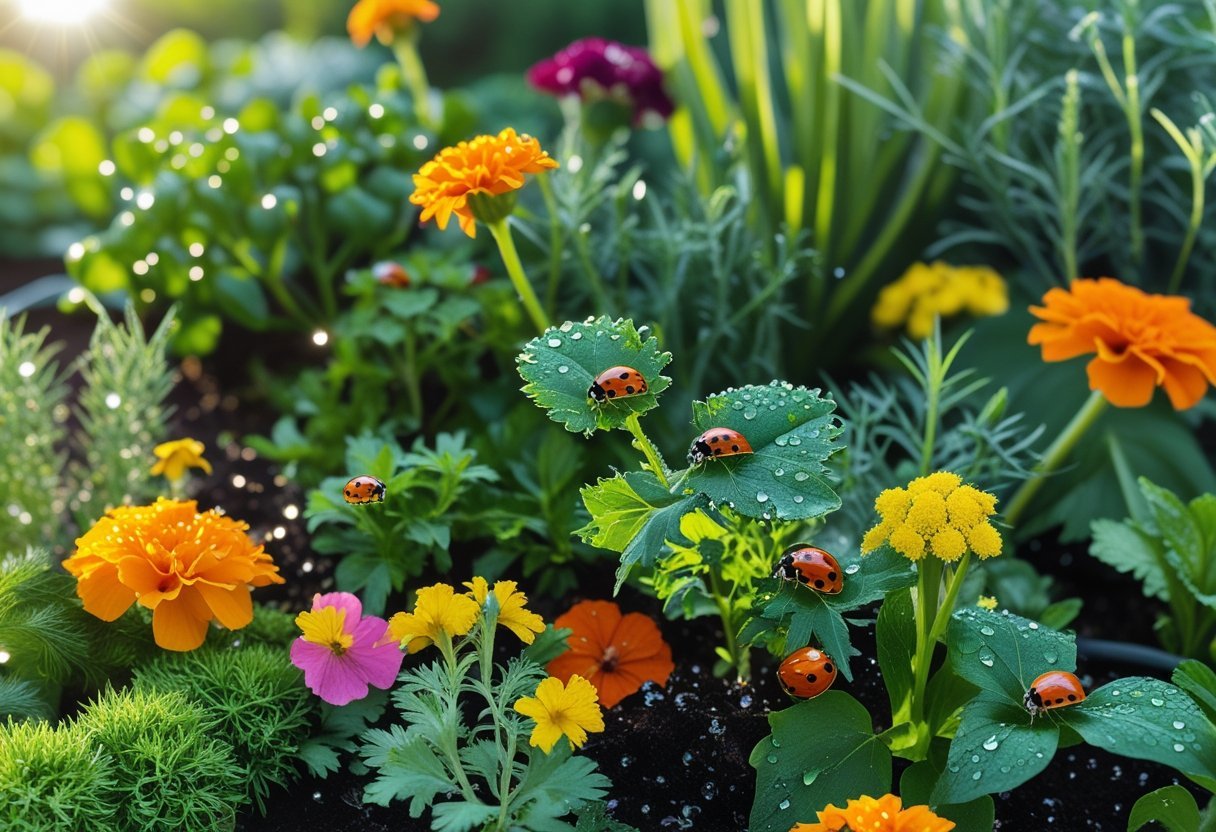 A garden with green plants and colorful flowers attracting ladybugs crawling on leaves and petals.