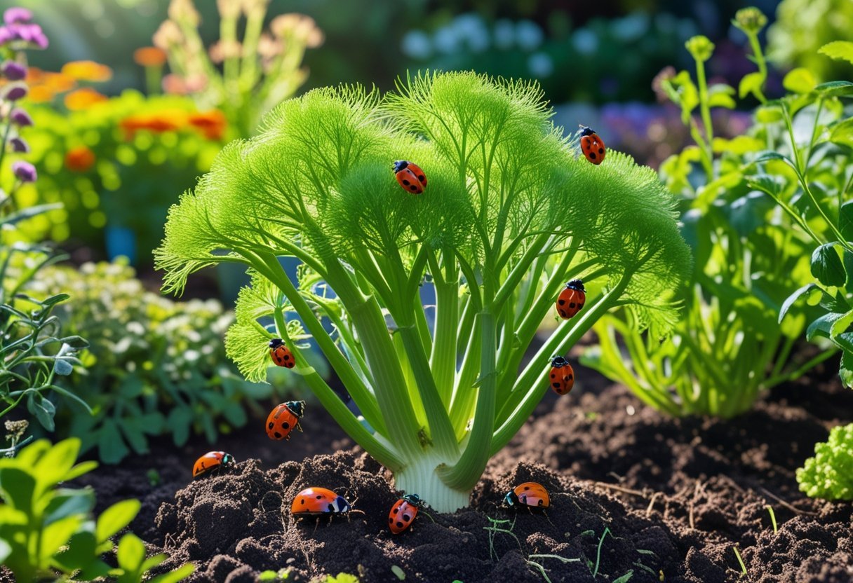 A fennel plant in a garden with several red ladybugs on its leaves and stems surrounded by other plants.