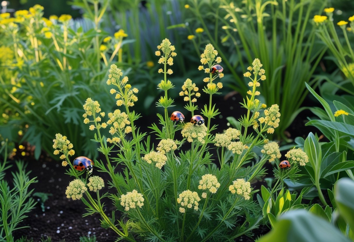 A garden with blooming yarrow plants and ladybugs resting on the flowers and leaves.