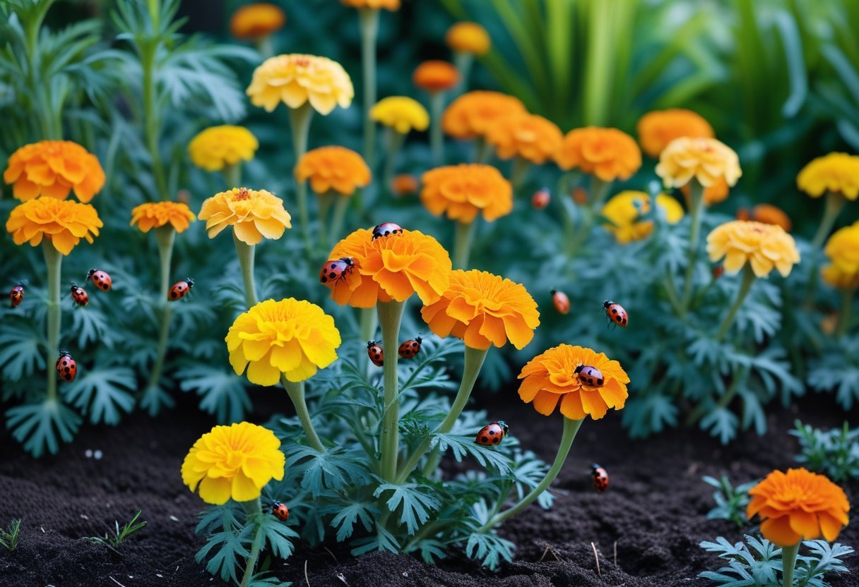 A garden bed with blooming orange and yellow marigolds and several red ladybugs on the flowers.