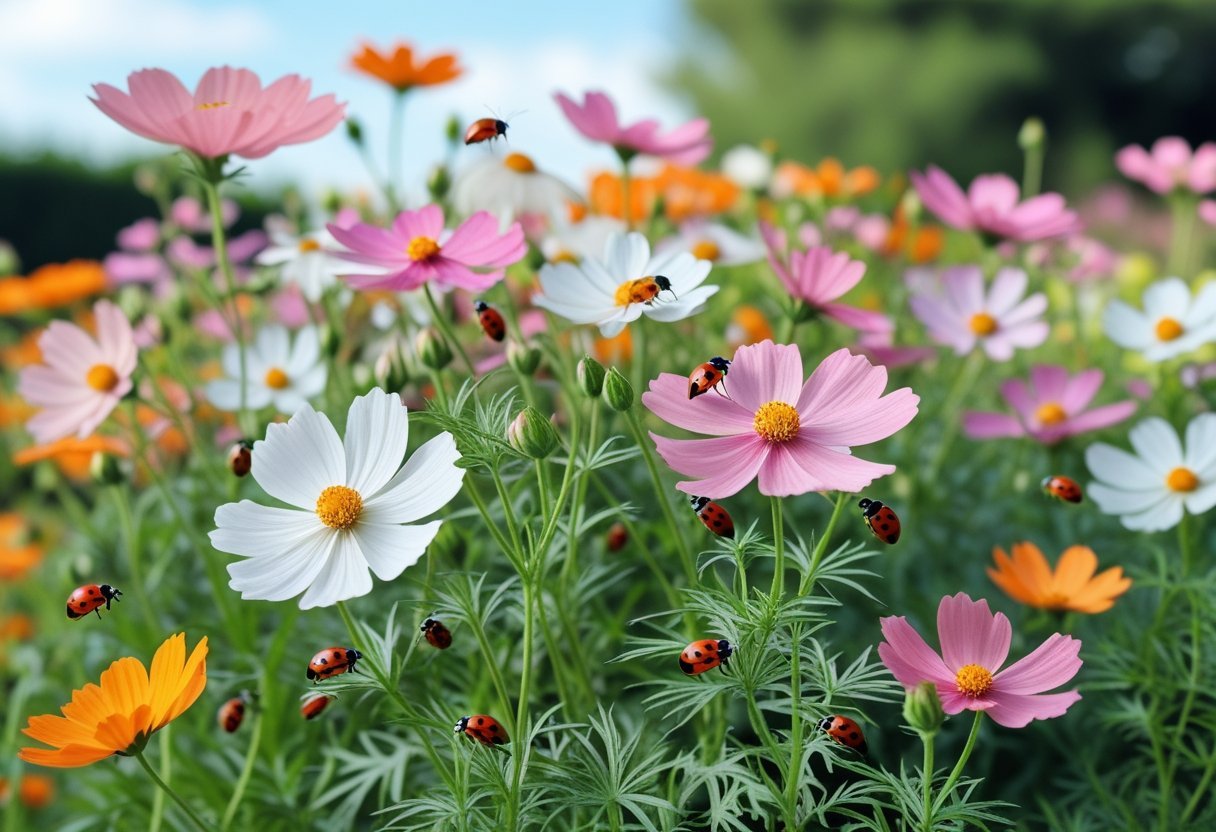 A garden with blooming Cosmos flowers and ladybugs crawling on the petals and leaves.