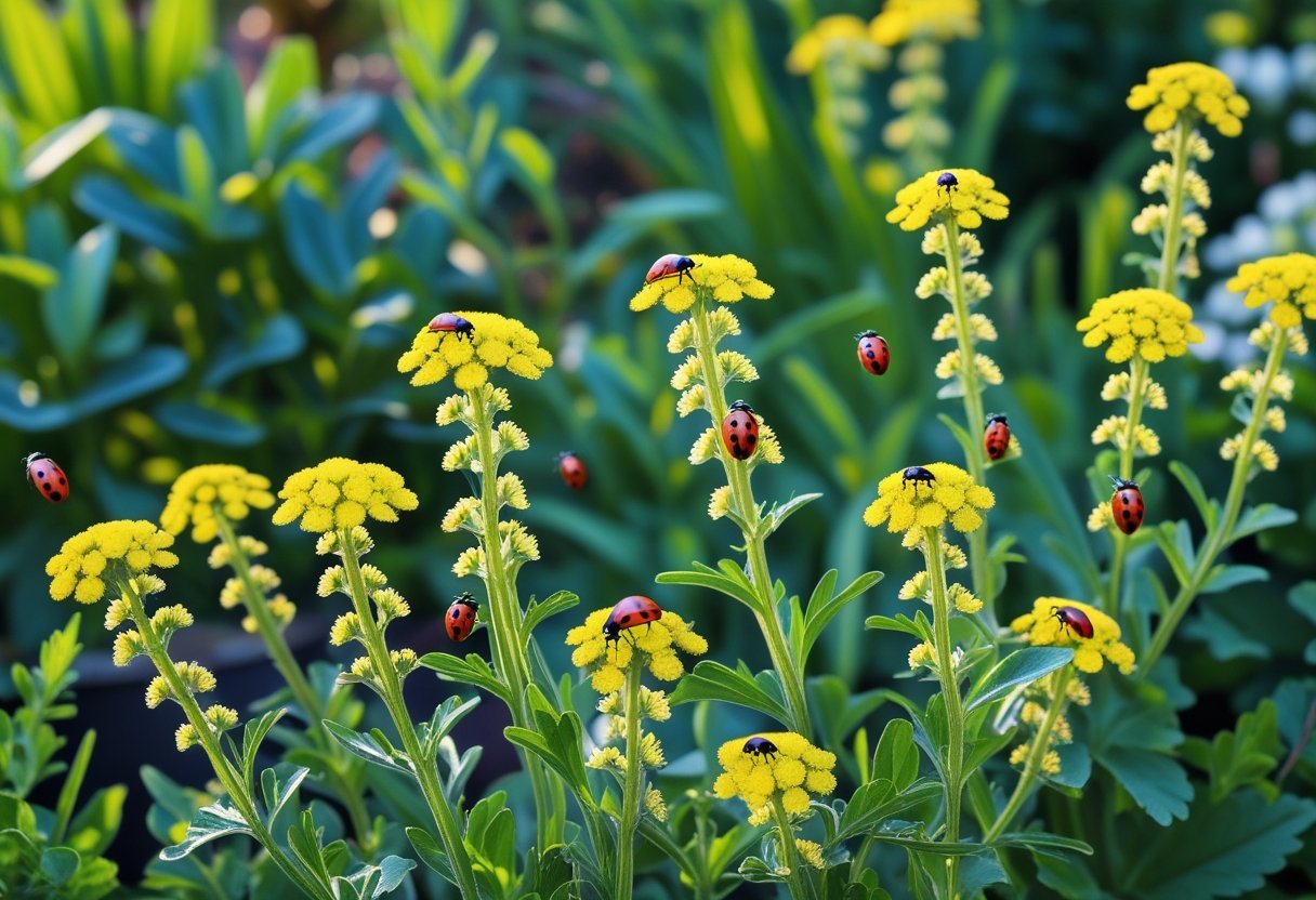 A garden with blooming tansy plants and ladybugs crawling on the leaves and flowers.