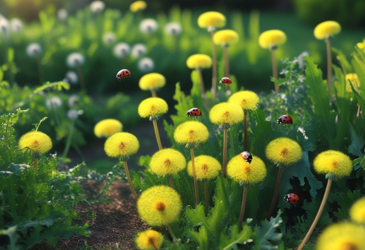 A garden with blooming dandelions and several ladybugs on the flowers and leaves.