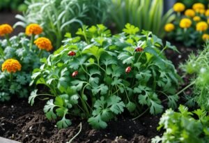 A lush cilantro garden with green plants and red ladybugs crawling on the leaves, surrounded by other companion plants in a sunny garden bed.