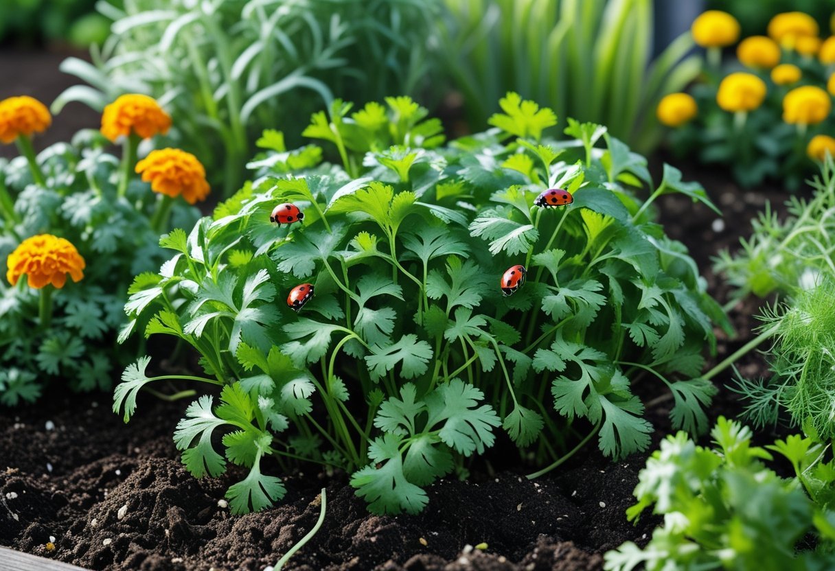 A lush cilantro garden with green plants and red ladybugs crawling on the leaves, surrounded by other companion plants in a sunny garden bed.