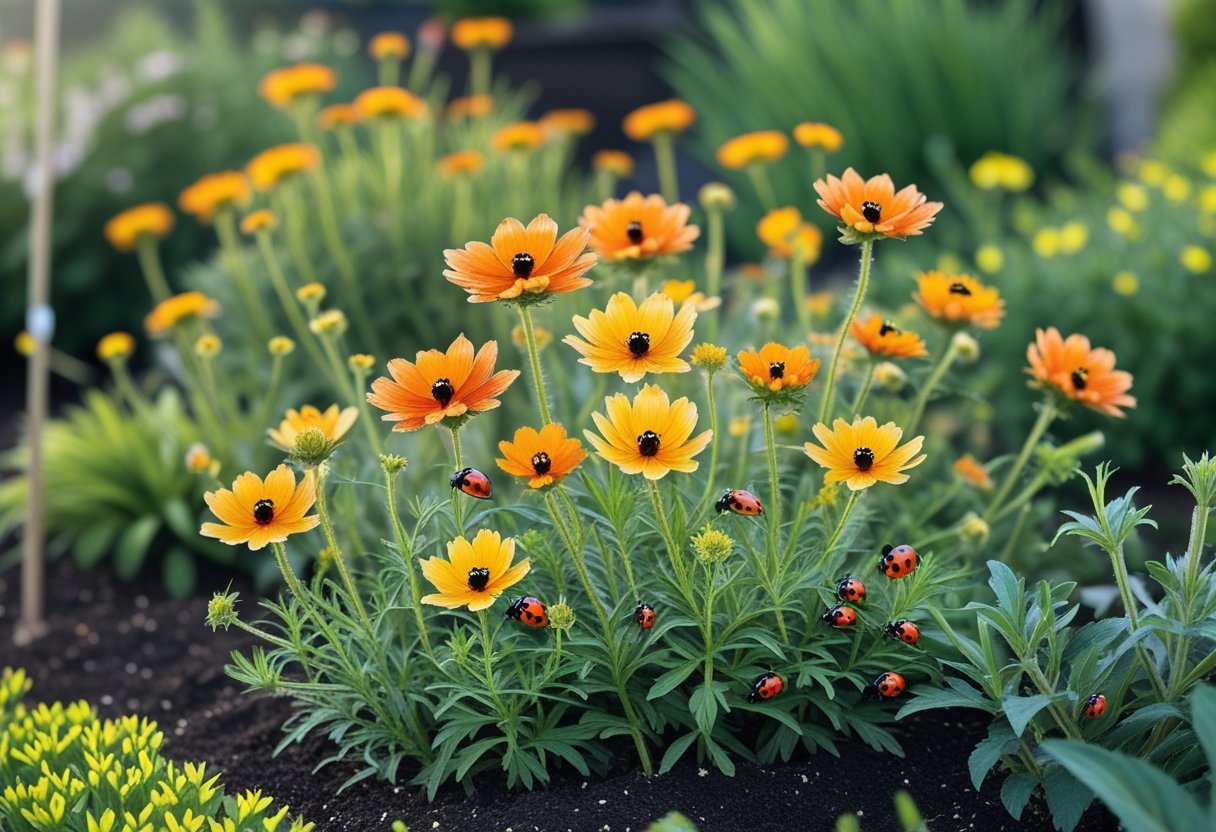 A garden bed with blooming yellow and orange Coreopsis flowers and several ladybugs on the petals and leaves.