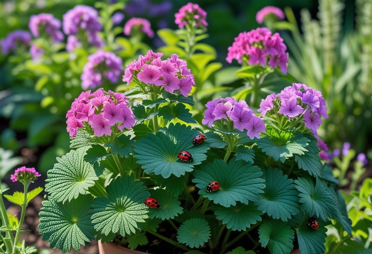 A garden with blooming scented geraniums and several ladybugs on the leaves and flowers.