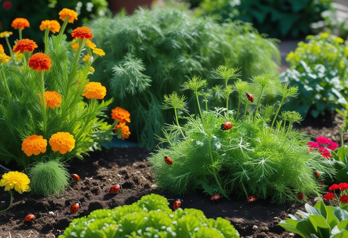 A garden with flowering plants and several ladybugs crawling on the leaves and flowers.