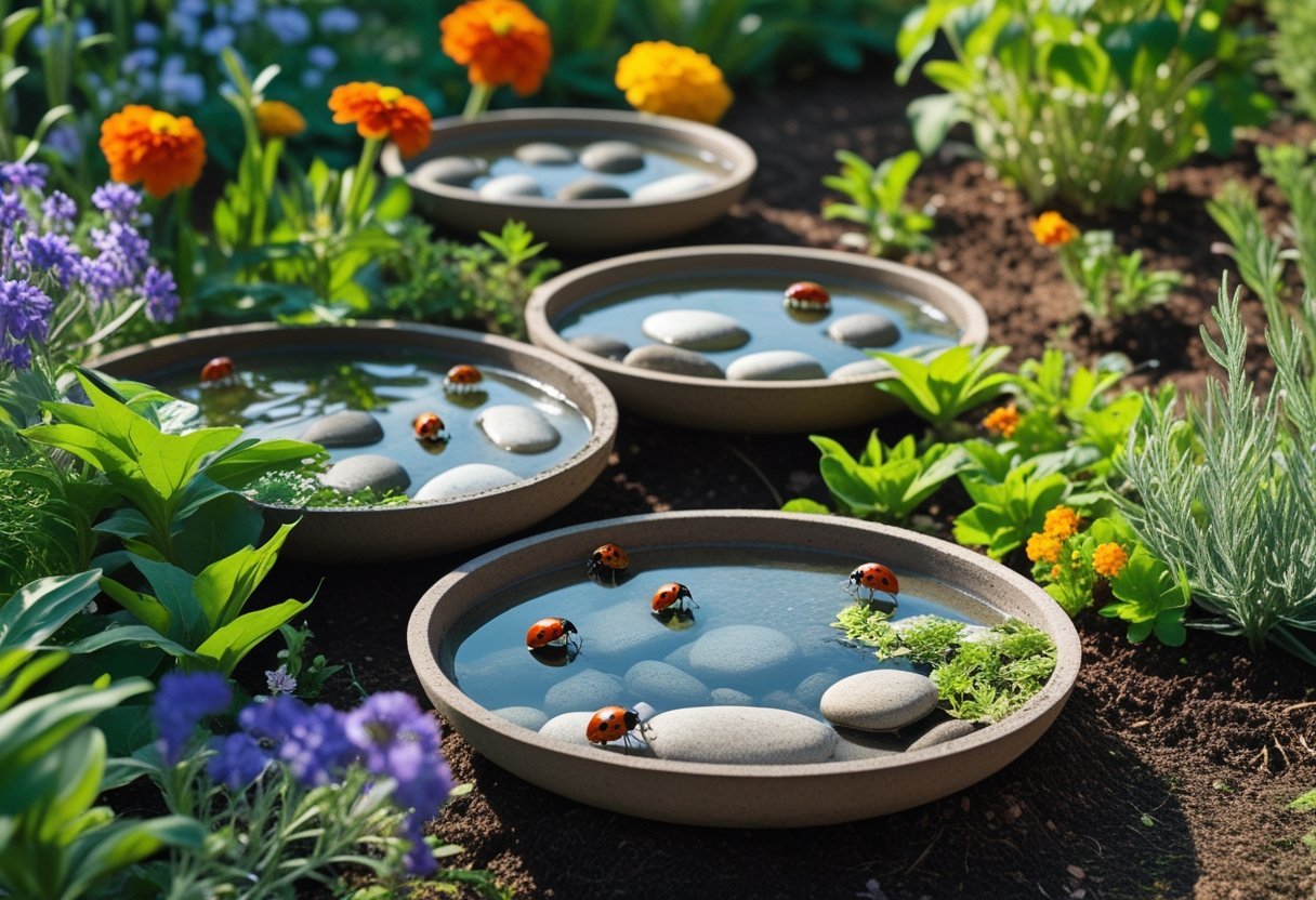A garden with shallow water dishes surrounded by flowering plants and ladybugs crawling on leaves and near the water.