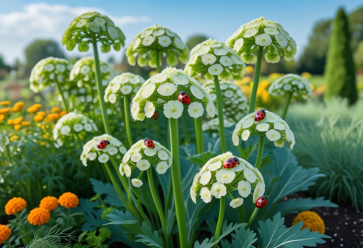 A garden with tall Angelica plants and ladybugs crawling on the leaves and flowers.