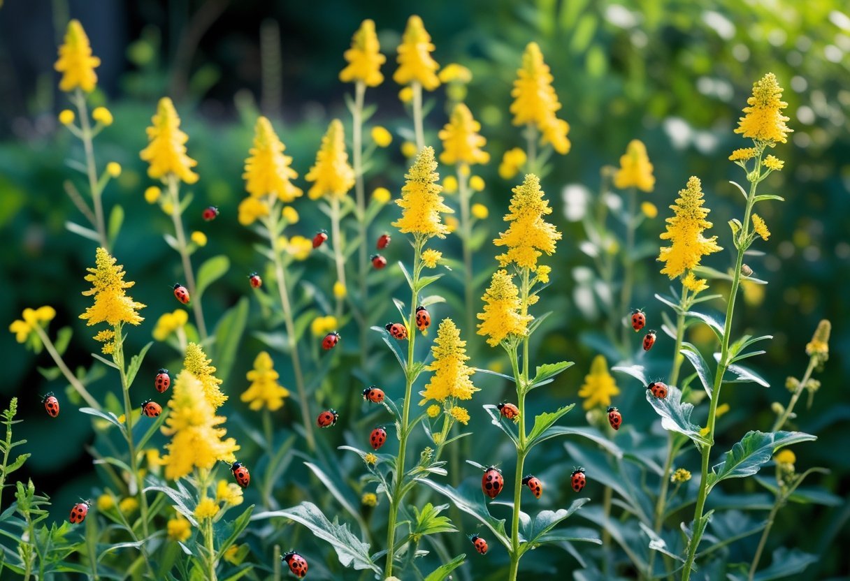 A garden with blooming Goldenrod plants covered in ladybugs on the leaves and stems.