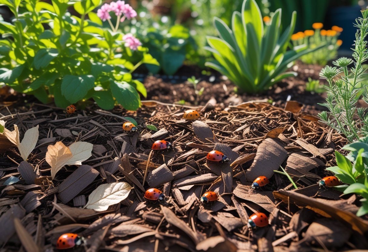 A garden bed with brown mulch and leaf litter, green plants, and red ladybugs crawling on the ground and leaves.