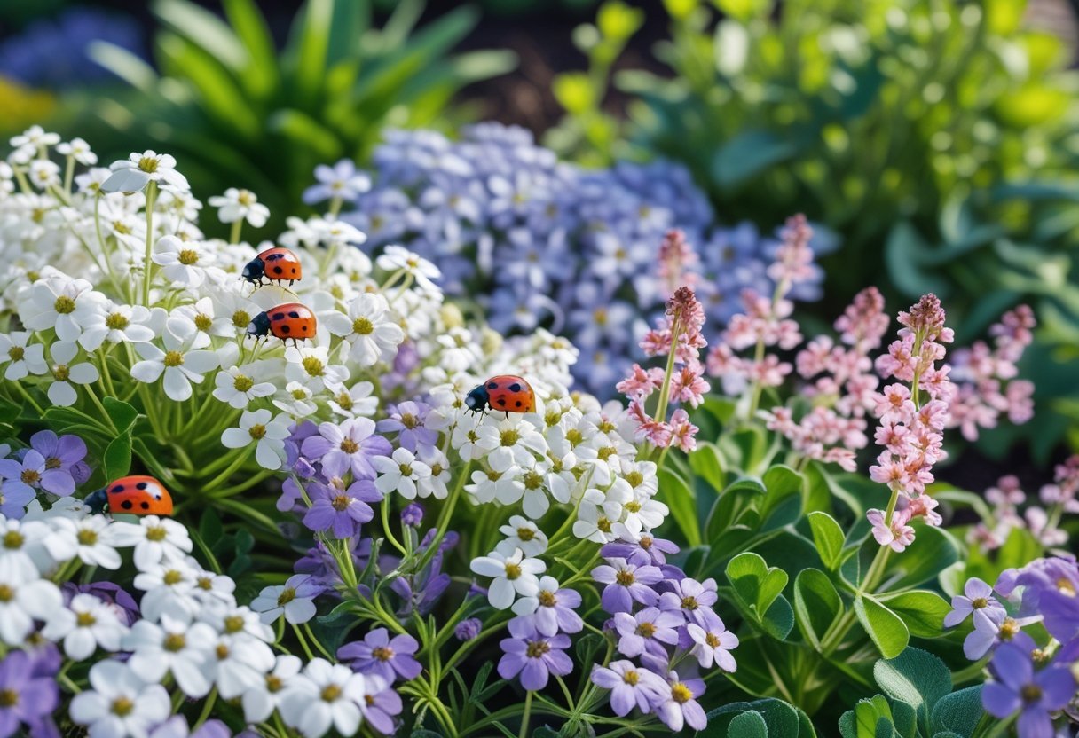 A garden with blooming sweet alyssum flowers and several ladybugs crawling on the petals and leaves.