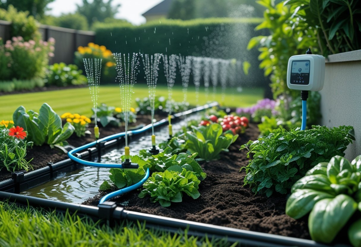 A lush garden with flowers and vegetables being watered by a drip irrigation system and sprinklers in a backyard.