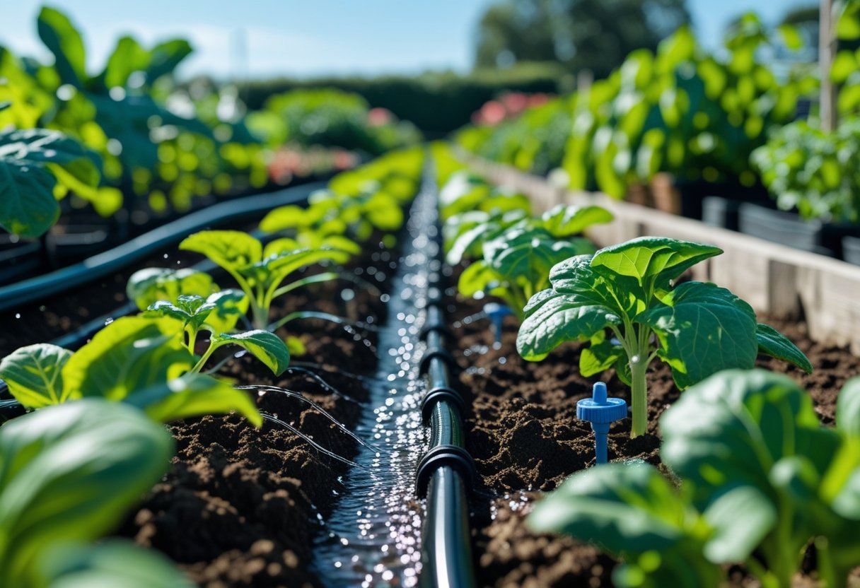 A garden with drip irrigation tubing watering rows of green plants and vegetables.