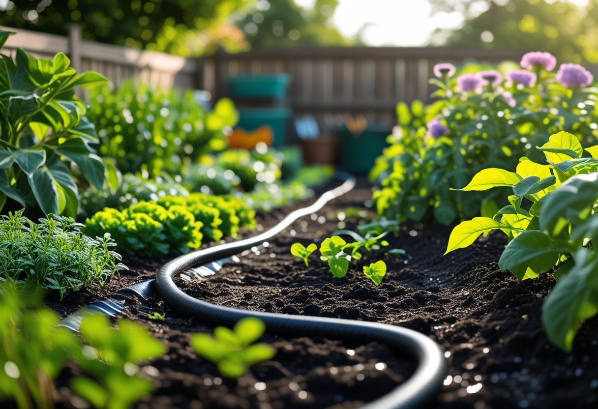 A garden with green plants and flowers being watered by black soaker hoses laid on the soil.