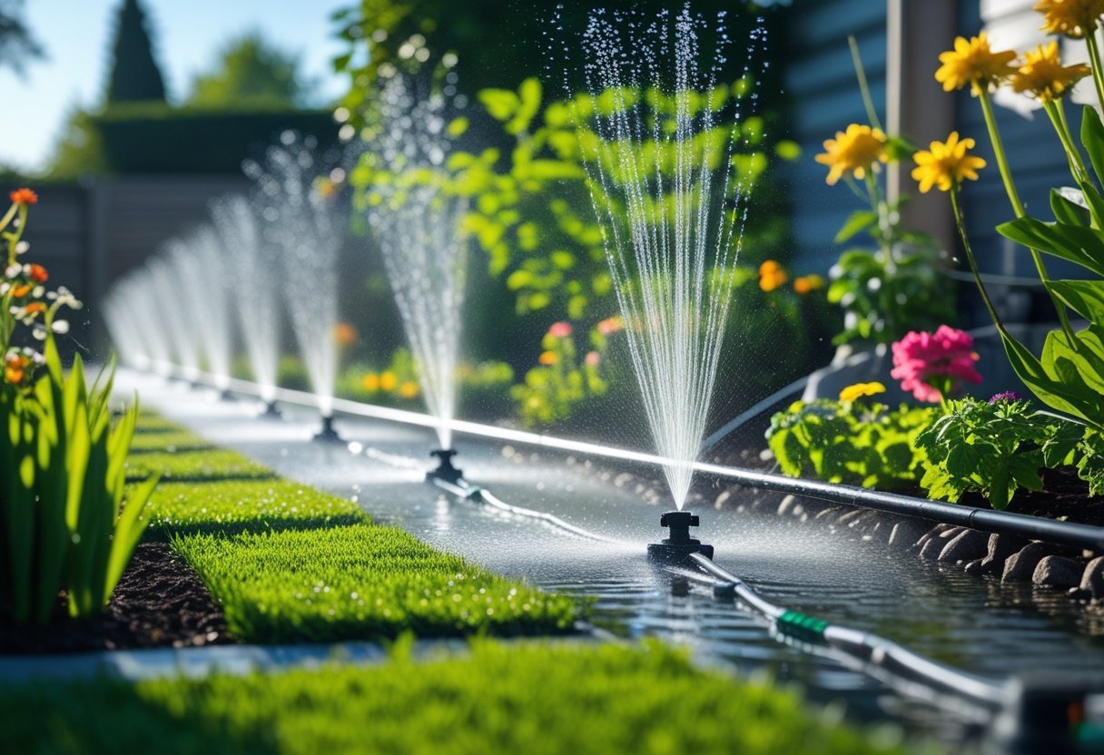 A garden with sprinklers watering green plants and flowers under a clear sky.