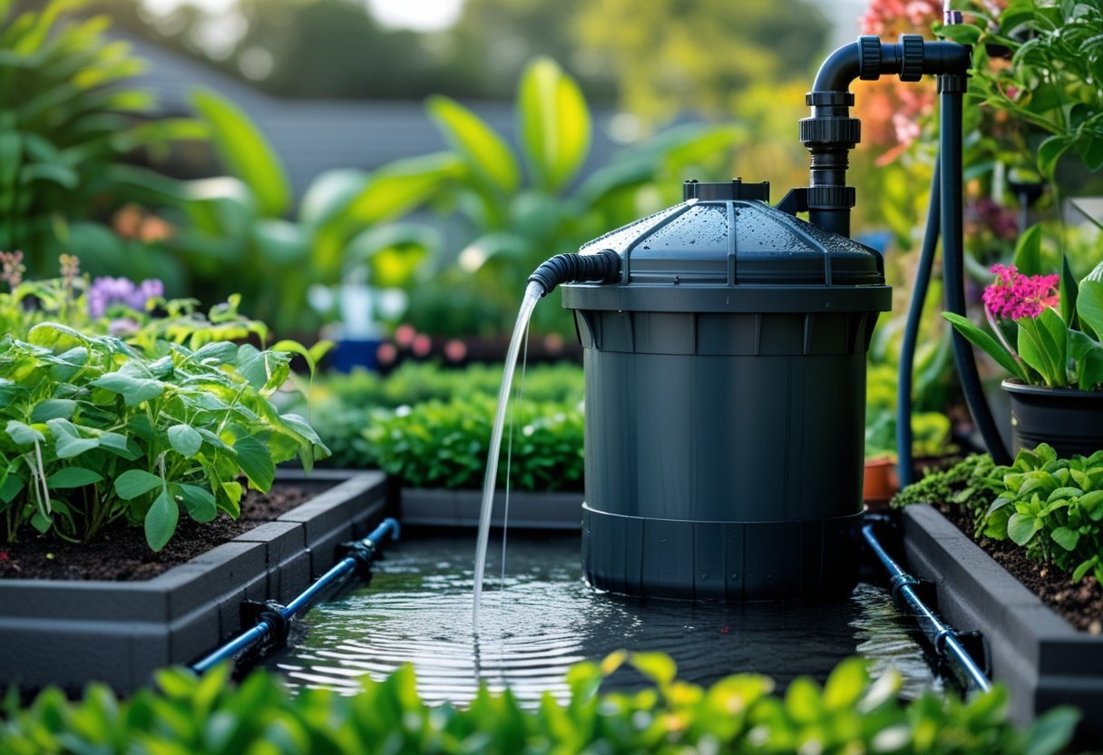 A garden with a rainwater collection barrel connected to a downspout, irrigating green plants and flowers using drip irrigation.