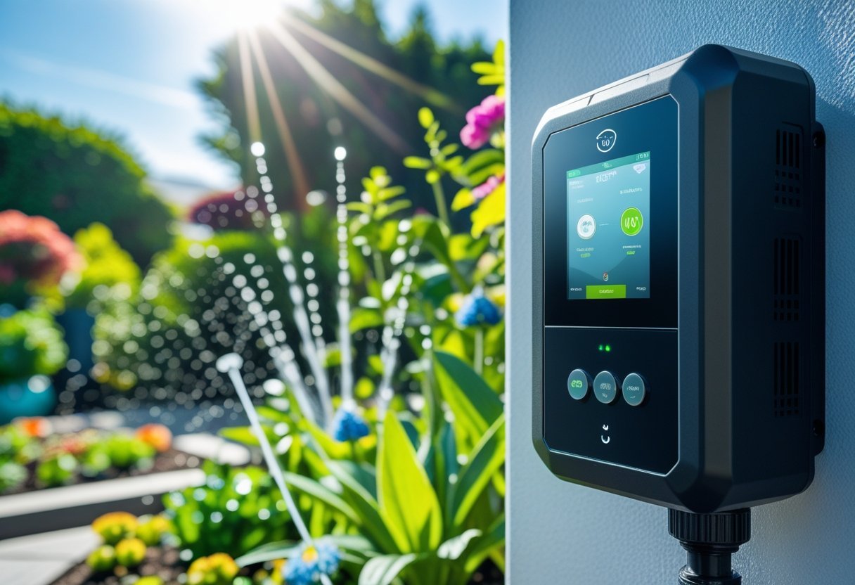 A modern garden with plants being watered by sprinklers controlled by a digital smart irrigation device mounted nearby.