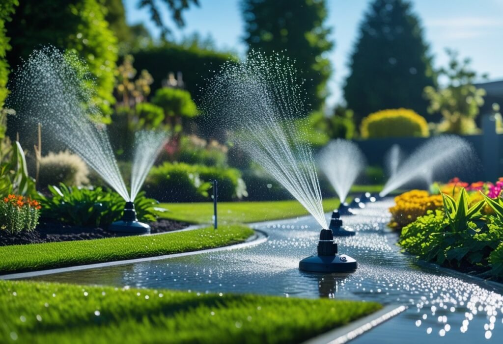 A garden with automated sprinklers watering a green lawn and colorful plants under a clear sky.