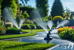 A garden with automated sprinklers watering a green lawn and colorful plants under a clear sky.