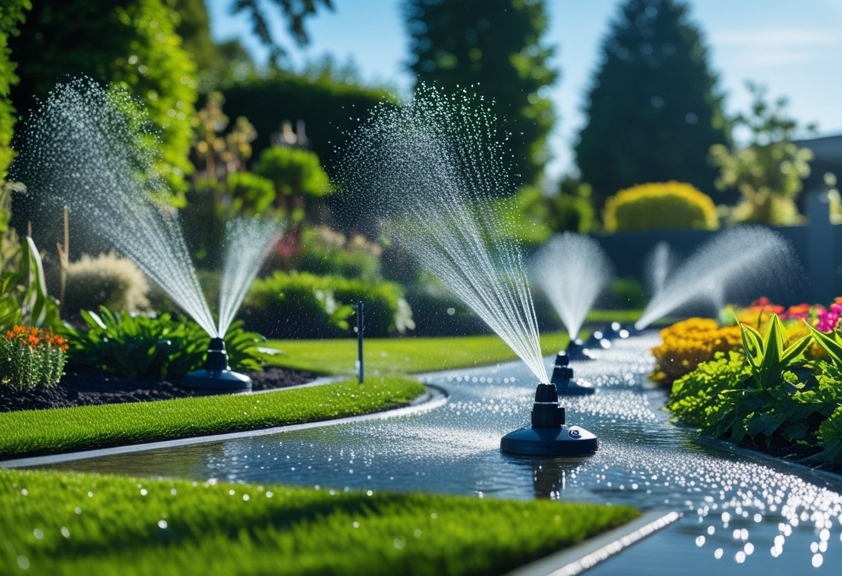 A garden with automated sprinklers watering a green lawn and colorful plants under a clear sky.