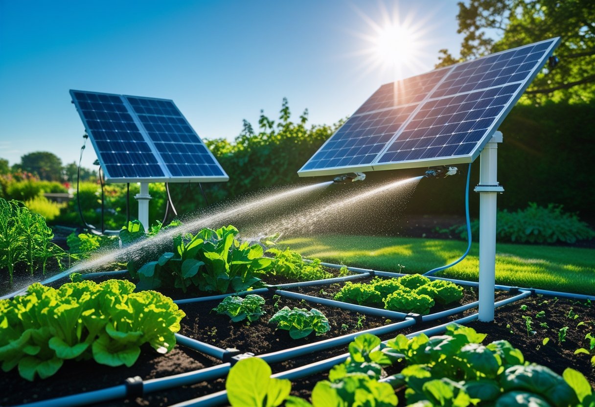 A garden with green plants being watered by an irrigation system powered by solar panels under a clear blue sky.