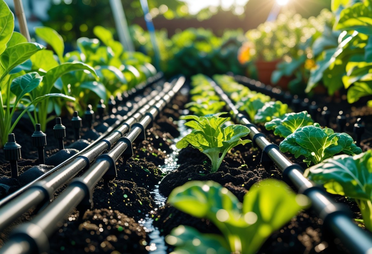 Close-up of a micro irrigation system watering healthy green plants in a garden.