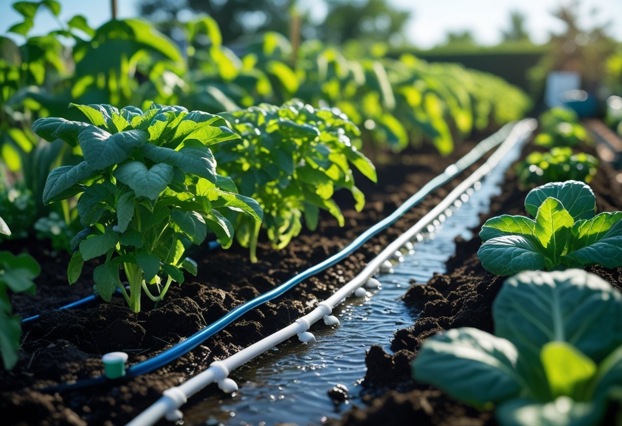 A garden with healthy green plants growing in rows using subsurface drip irrigation tubes buried under the soil.