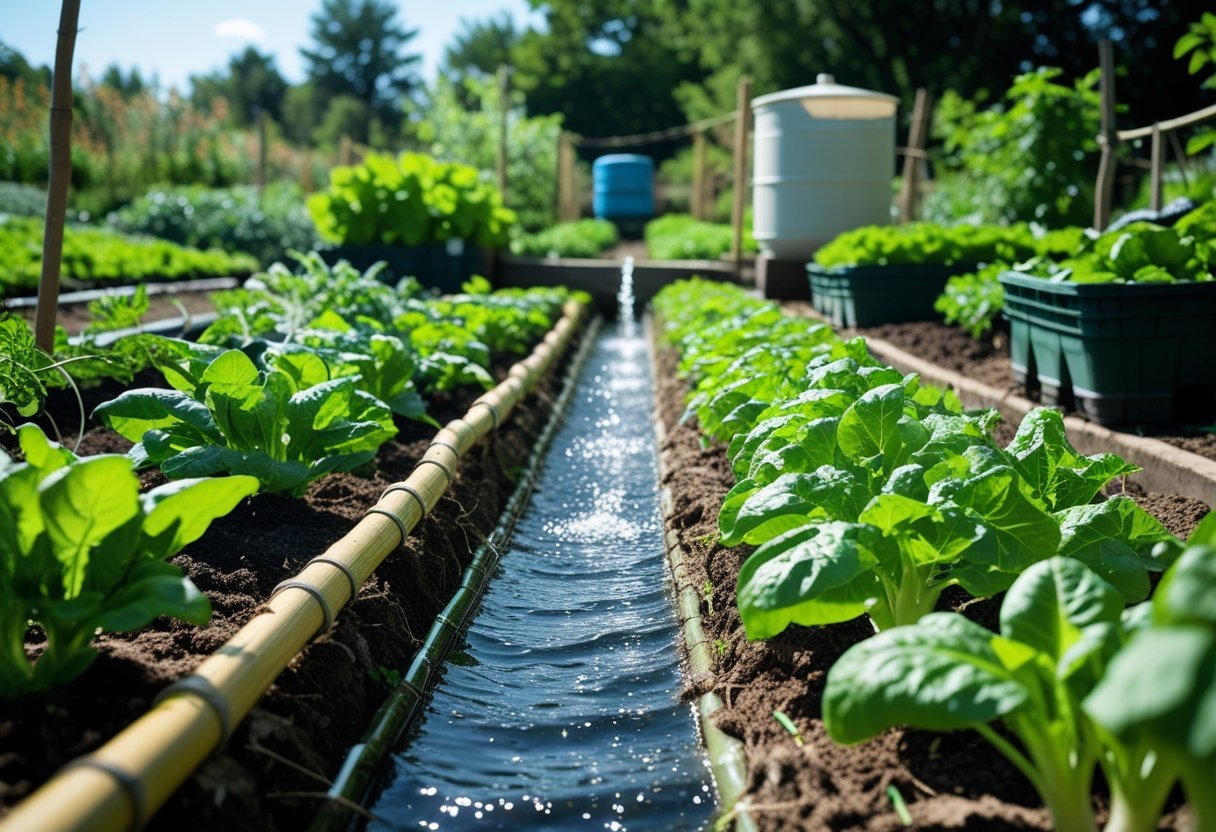A garden with a gravity-fed irrigation system watering rows of green plants using elevated containers and pipes.