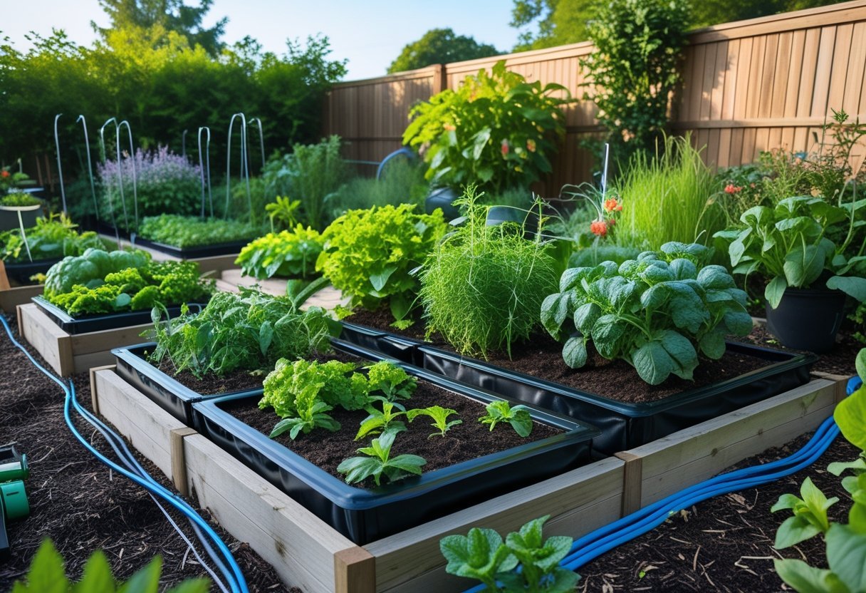 A garden with multiple raised wicking beds filled with green plants and irrigation systems under natural daylight.