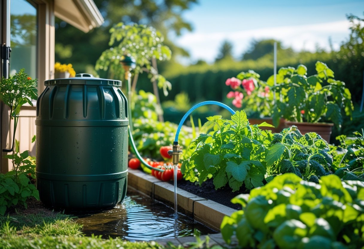 A rain barrel irrigation system watering a flourishing garden with various plants and flowers on a sunny day.