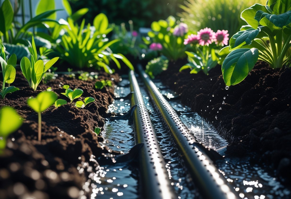 A perforated pipe irrigation system watering plants in a garden with green foliage and flowers.