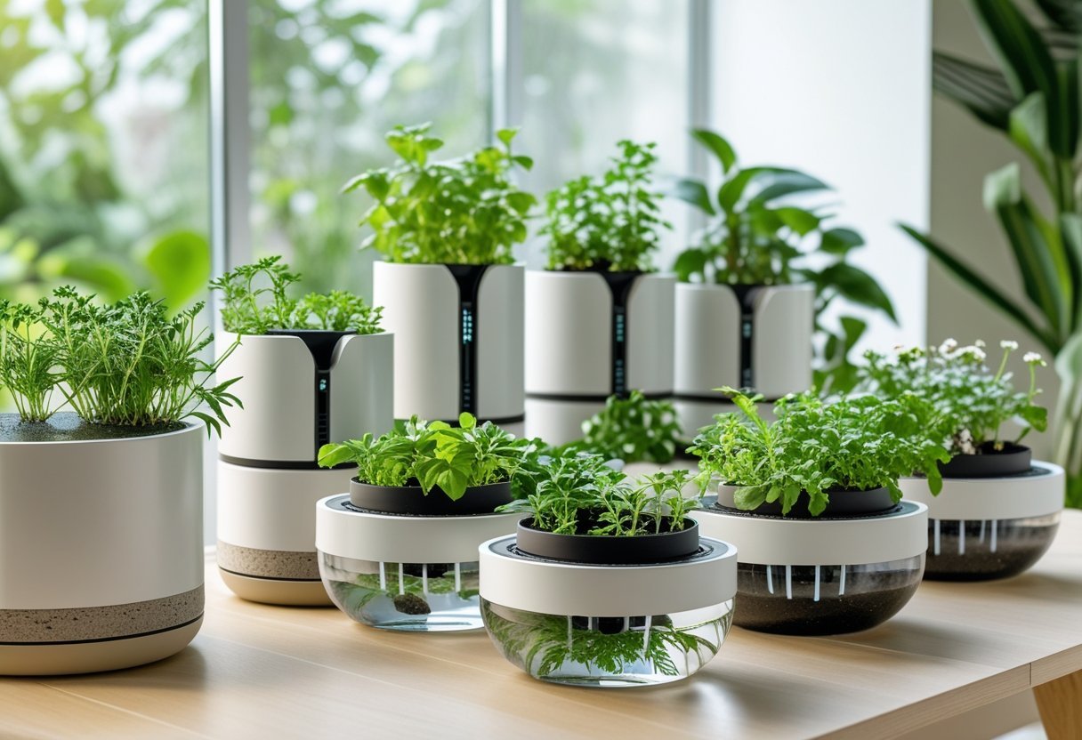 A collection of self-watering planters with green plants arranged on a wooden table near a window.
