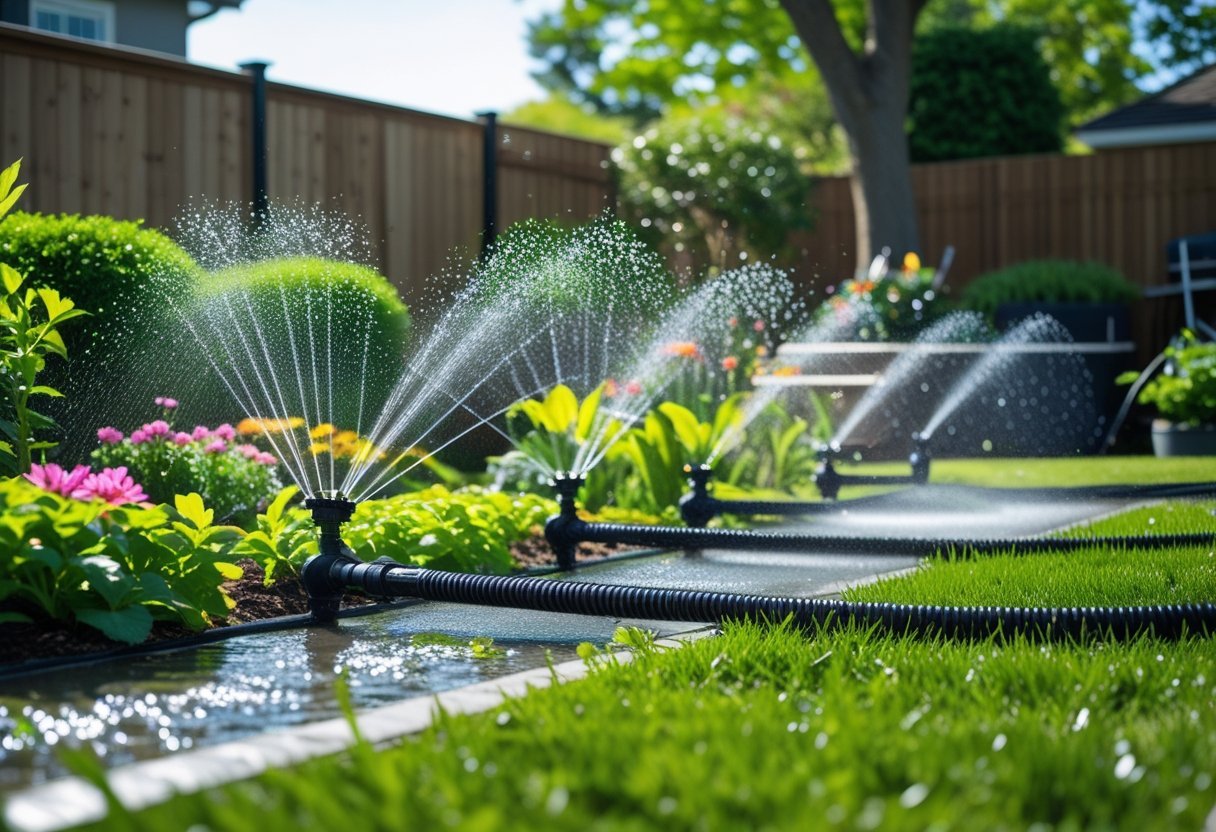 A garden with sprinkler hoses watering green plants and colorful flowers under bright daylight.