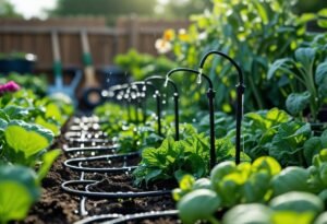 Close-up of a garden with drip irrigation tubes watering green plants and vegetables.