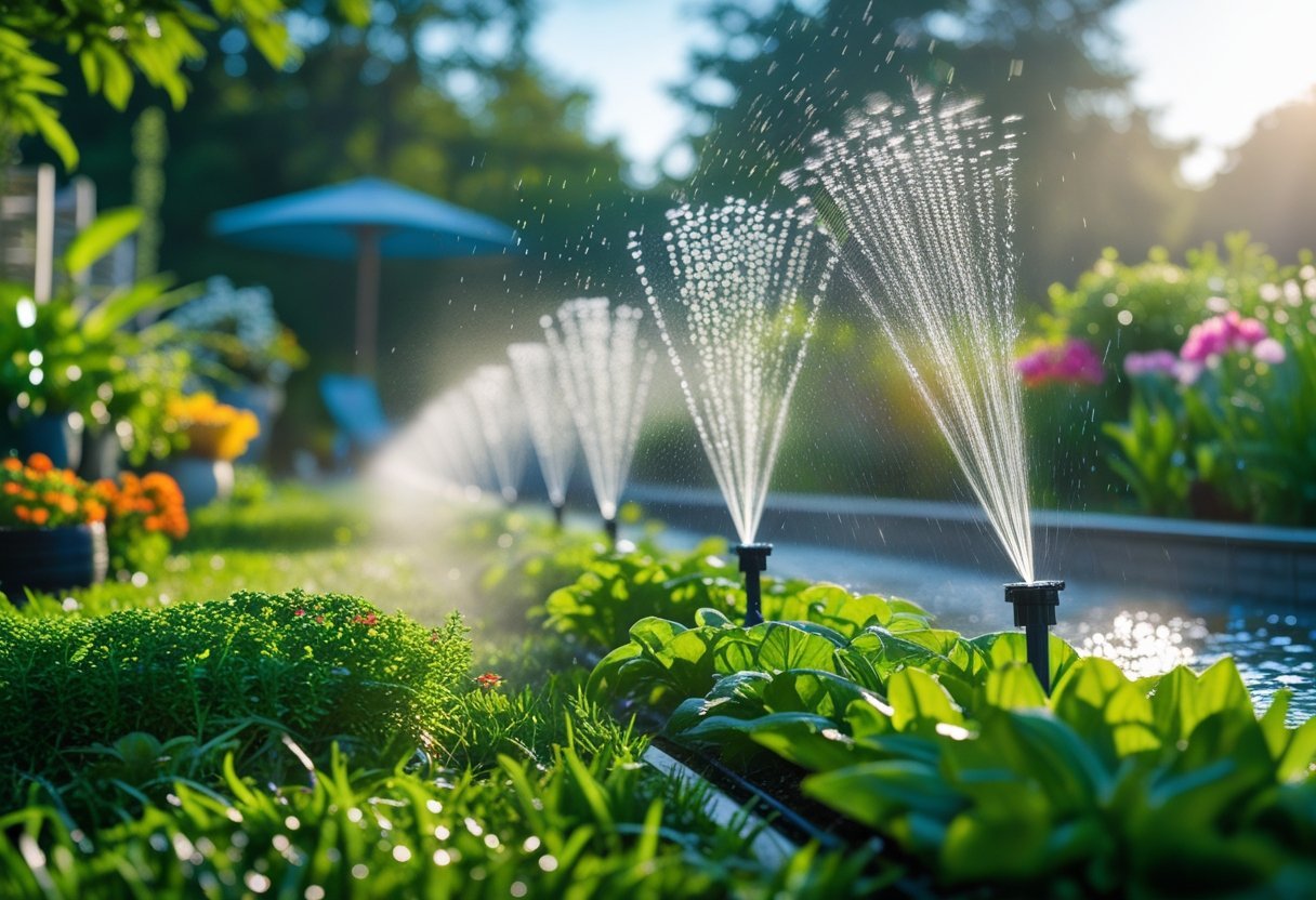 A garden with misting sprinklers watering green plants and colorful flowers on a sunny day.