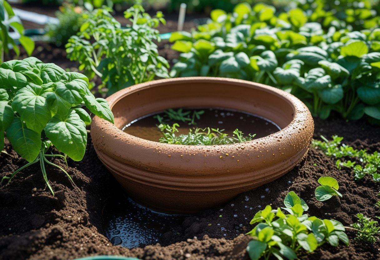 A clay pot buried in soil in a garden, surrounded by green plants and vegetables, used for irrigation.